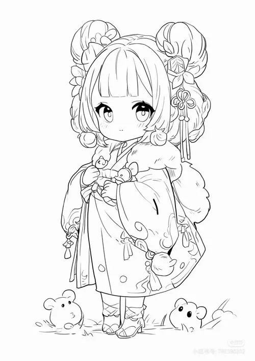 Ảnh chibi không màu khắc họa cô bé mặc áo choàng mềm, tóc búi hoa cầu kỳ, đứng cạnh vài chú thú nhỏ