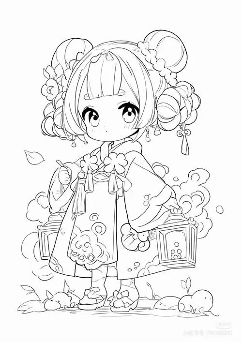 Ảnh chibi không màu vẽ bé gái tóc búi đôi, váy công chúa nhiều bèo, đứng giữa hoa lá và phụ kiện nhỏ xinh