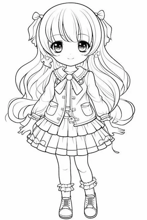 Tranh nét chibi có nữ sinh tóc hai bên mặc đồng phục váy xếp ly, đứng thẳng với đôi mắt to hiền lành