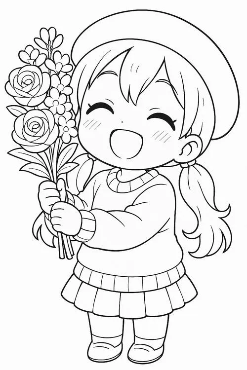 Hình chibi dễ tô màu vẽ cô bé cười tươi ôm bó hoa lớn, áo khoác đơn giản và mái tóc dài sau lưng