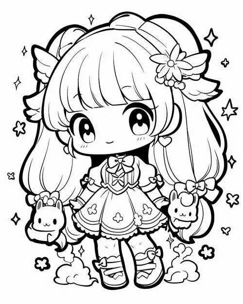 Tranh tô màu chibi có cô bé tóc dài buộc nơ, mặc váy xinh, ôm thú bông nhỏ với biểu cảm ngây thơ