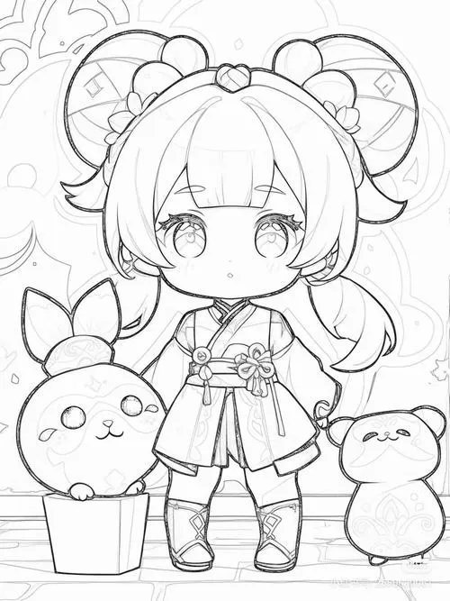 Hình chibi chưa tô màu vẽ bé gái hai búi tóc đứng cạnh thỏ và thú nhỏ, váy ngắn tạo cảm giác trong trẻo