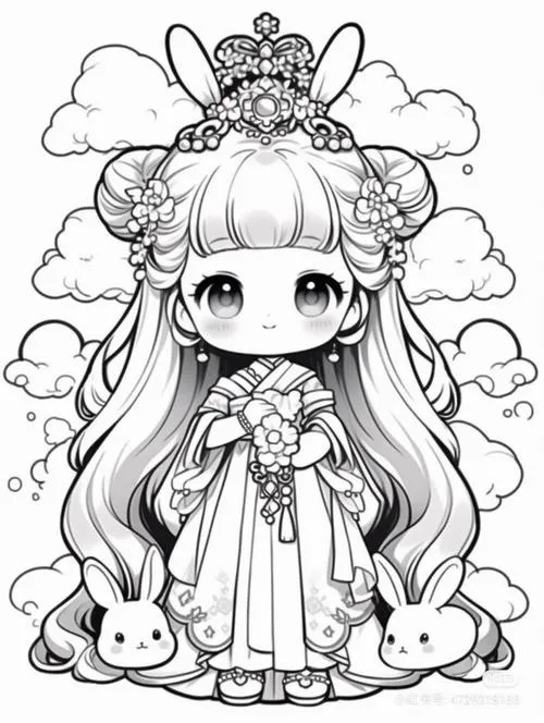 Ảnh chibi không màu có công chúa nhỏ đội vương miện, tóc xoăn dài, váy bồng và hai chú thỏ ngồi hai bên