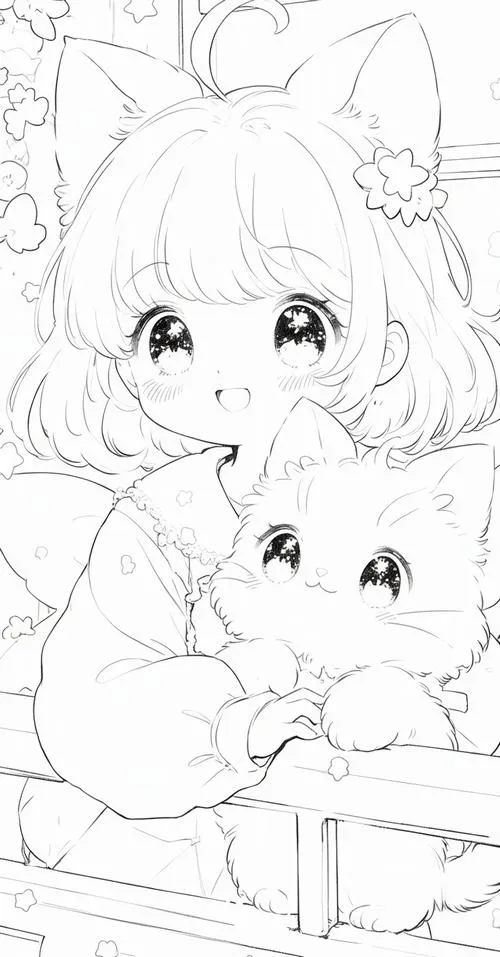 Mẫu line art chibi vẽ cô bé tóc xoăn nhẹ ngồi cạnh mèo bông, nét mảnh nhạt tạo không khí rất mềm