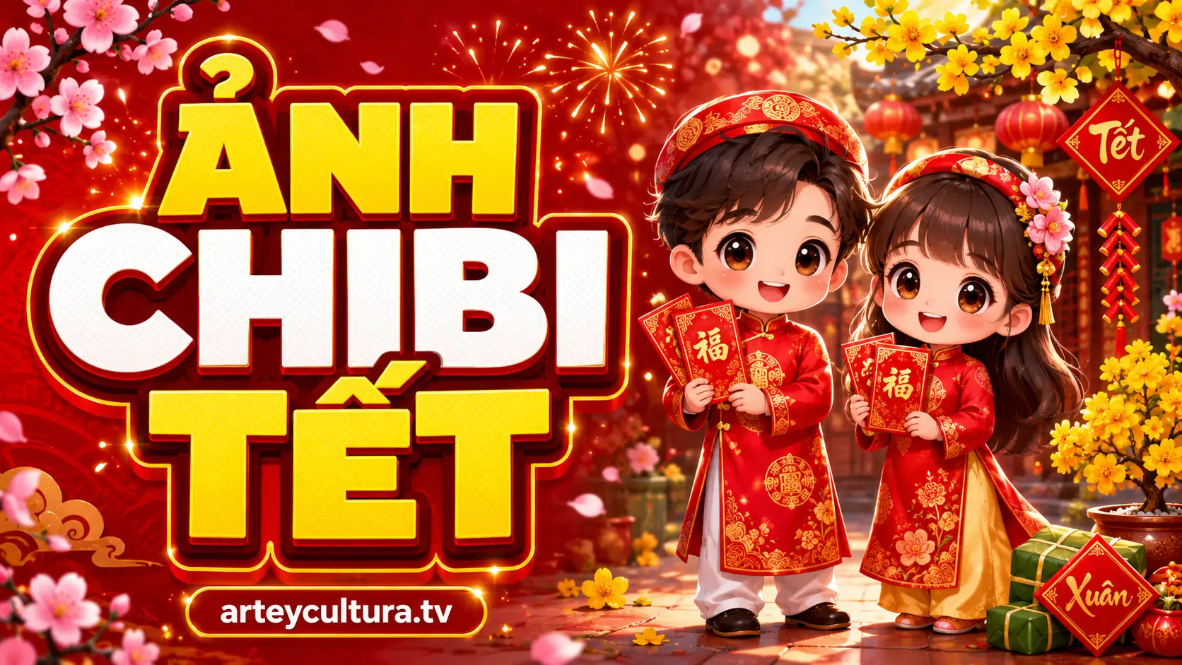 120 Ảnh Chibi Tết Dễ Thương với áo dài đỏ, hoa mai và nét vẽ rực rỡ không khí Tết Nguyên Đán
