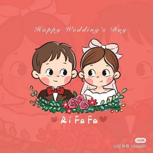 Cặp đôi chibi ngồi giữa nền đỏ hồng, cô dâu cài nơ và chú rể ôm hoa tạo cảm giác ngày cưới nhỏ xinh