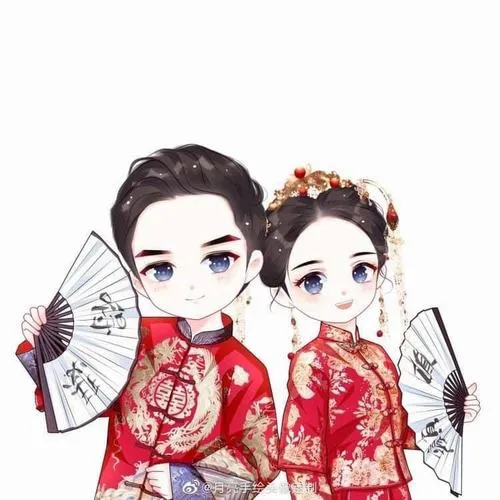 Cặp đôi mặc áo cưới đỏ truyền thống, khuôn mặt trắng sáng và dáng đứng nghiêm nhẹ gợi không khí lễ cưới Á Đông