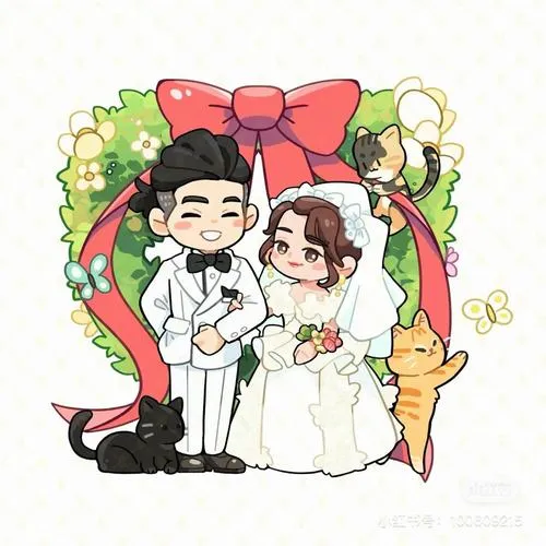 Hình họa đám cưới tí hon đặt cặp đôi dưới vòng hoa xanh, chú rể ngồi bên cô dâu cười thẹn rất đáng yêu