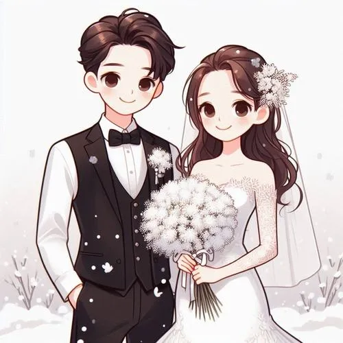 Đôi nhân vật cưới đứng sát nhau với bó hoa trắng lớn, tông nâu nhạt và nét vẽ mềm làm ảnh trông ấm mắt