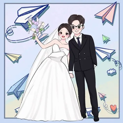 Ảnh cô dâu chú rể chibi trong khung xanh có máy bay giấy, cô dâu váy xòe đứng cạnh chú rể rất tinh nghịch