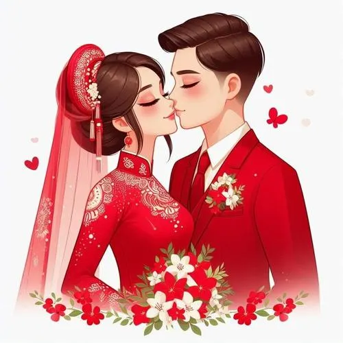 Cặp đôi mặc lễ phục đỏ đang hôn nhau giữa hoa nhỏ, phông nền sáng và trái tim bay tạo không khí ngọt ngào