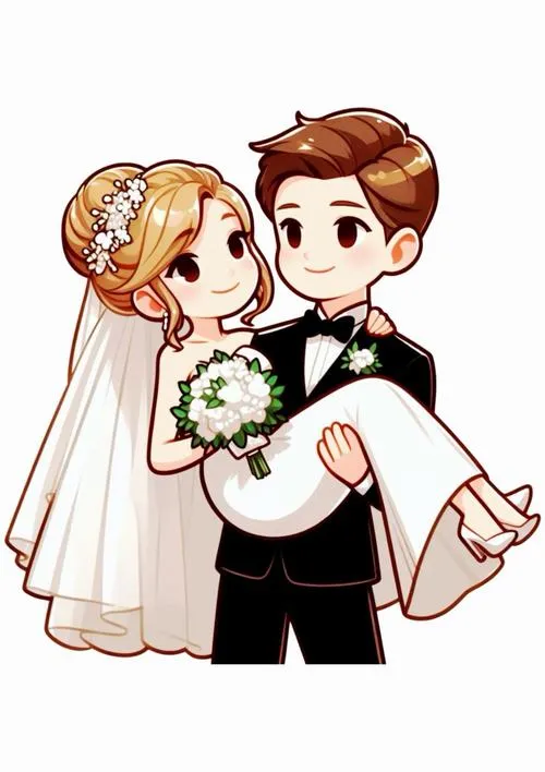 Cô dâu chú rể hoạt họa đứng ôm nhau trên nền trắng, váy cưới bồng nhẹ và bó hoa xanh làm tổng thể thật xinh