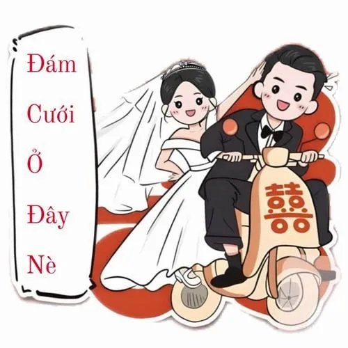 Hình vẽ ngày vui phong cách truyện tranh có cặp đôi ngồi xe máy, chữ đám cưới ở đây nè làm ảnh vui mắt