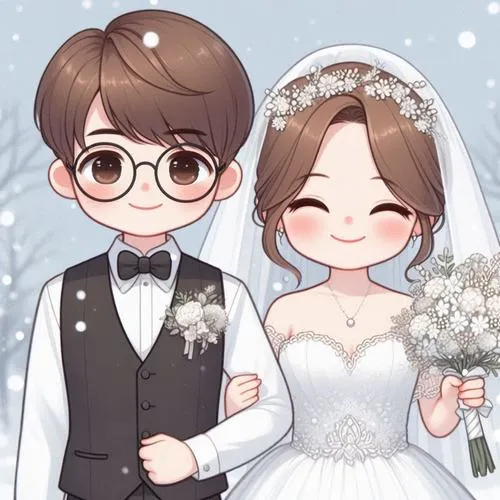 Ảnh cô dâu chú rể chibi đứng sát nhau dưới nền tuyết nhẹ, cả hai cười hiền trong váy cưới trắng và vest đen