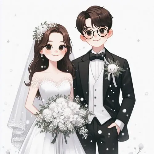 Cặp đôi đứng dưới nền tuyết trắng, cô dâu cầm hoa lớn còn chú rể đeo kính tạo vẻ dịu dàng như tranh minh họa