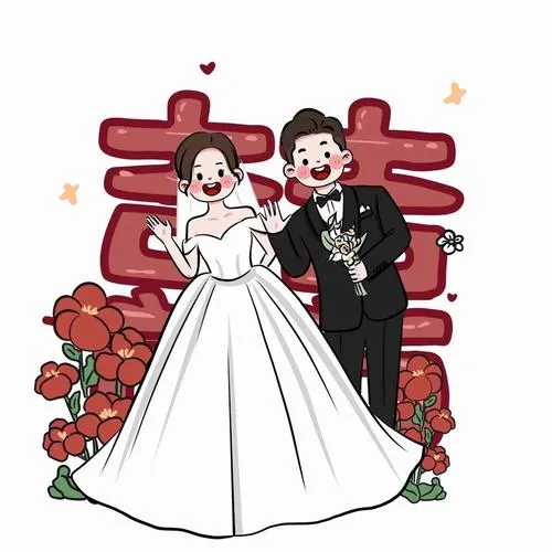 Cô dâu chú rể đứng trước cổng đỏ trang trí hoa, váy trắng xòe rộng và vest đen làm khung hình cưới thật rộn ràng