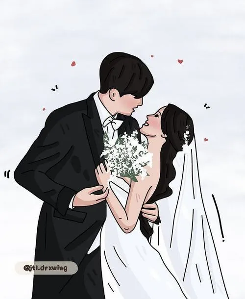 Chú rể cúi hôn cô dâu trong tư thế ôm hoa, nền trắng thoáng và nét vẽ đen mềm giữ khoảnh khắc rất tình
