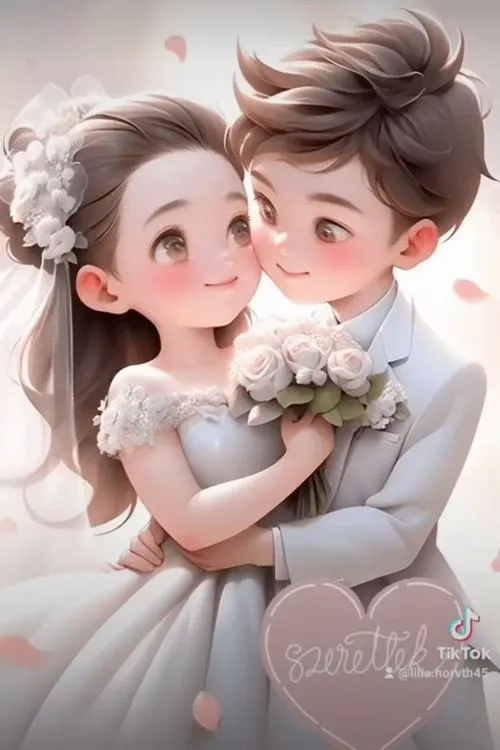 Cặp đôi chibi ôm nhau thật gần giữa nền sáng, má hồng và áo cưới trắng làm hình cưới nét vẽ dễ thương thêm mềm mại