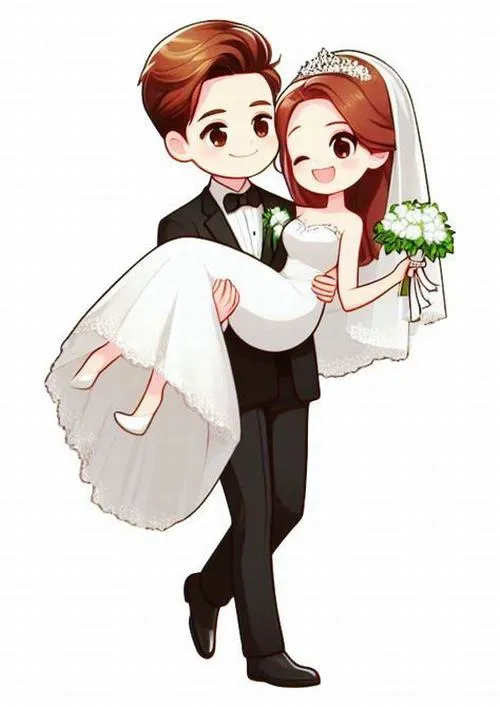 Chú rể bế cô dâu váy trắng trên tay, dáng điệu hoạt hình và bó hoa xanh làm ảnh cặp đôi ngày cưới cách điệu rất đáng yêu