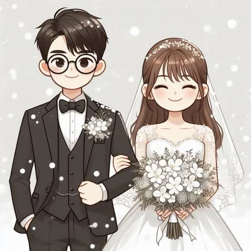 Cặp đôi đứng khoác tay trong khung hình cưới màu be, cô dâu cầm hoa trắng còn chú rể đeo kính nhìn rất thư sinh