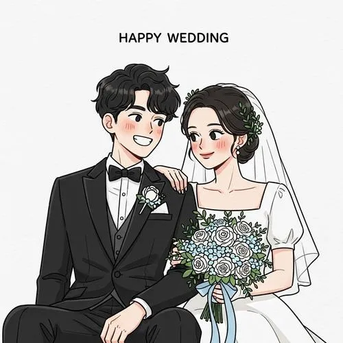 Tranh cưới hoạt hình vẽ cô dâu chú rể ngồi cạnh nhau, nền trắng tối giản làm nổi bật váy voan và bó hoa xanh