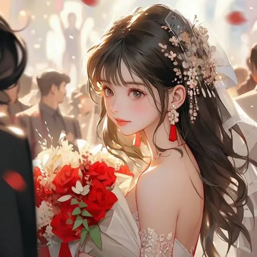 Cô dâu anime cầm hoa đỏ trong không khí tiệc cưới lung linh, góc nhìn nghiêng làm mái tóc và ánh mắt thêm dịu