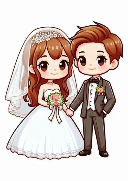 Đôi nhân vật tí hon đứng cạnh nhau trên nền trắng, cô dâu váy xòe cầm hoa còn chú rể mặc vest nâu tươi tắn
