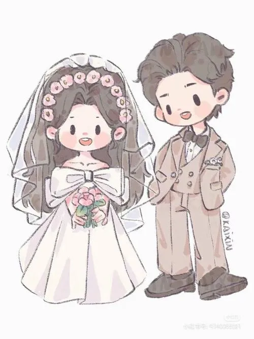 Ảnh cưới hoạt họa có cô dâu đội voan và chú rể vest xám, nét vẽ mờ nhẹ tạo cảm giác trong veo như tranh màu nước