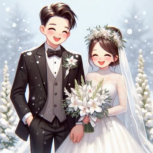 Cặp đôi ngày cưới cười rạng rỡ giữa nền tuyết sáng, váy cưới trắng và vest đen tạo bố cục ấm áp, dễ thương