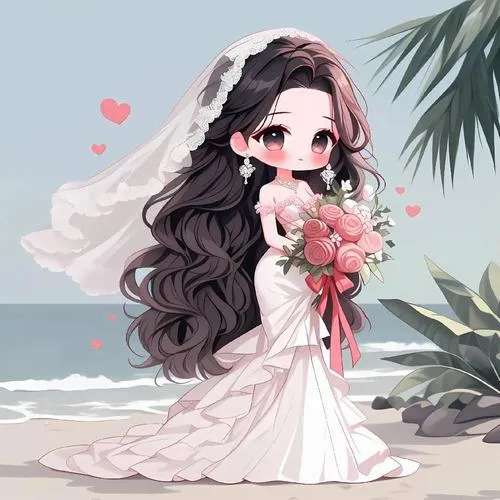 Cô dâu chibi đứng một mình trên bãi biển xanh nhạt, mái tóc dài xoăn mềm và bó hoa hồng làm ảnh rất thơ