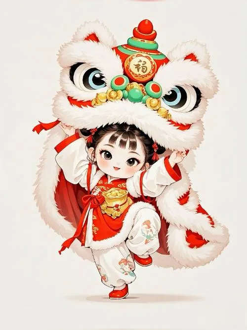 Nhân vật chibi ngồi trên lưng lân nhỏ, tay vẫy phong bao đỏ và cười toe giữa pháo giấy bay đầy nền cam