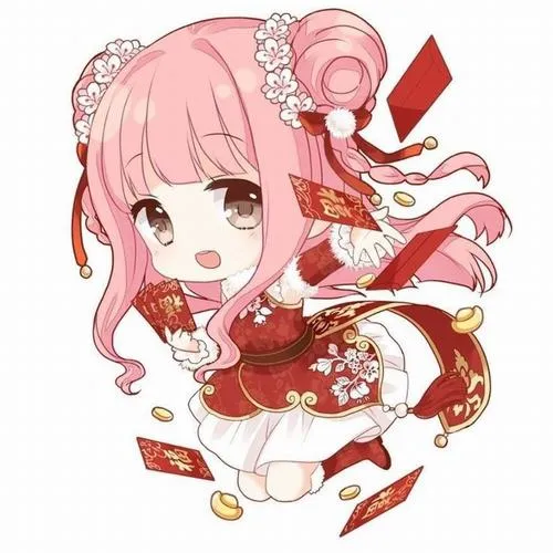 Ảnh sticker nhân vật nhỏ mặc áo dài cam cầm bao lì xì đỏ, phông nền hoa mai tối giản giúp biểu cảm tinh nghịch nổi bật