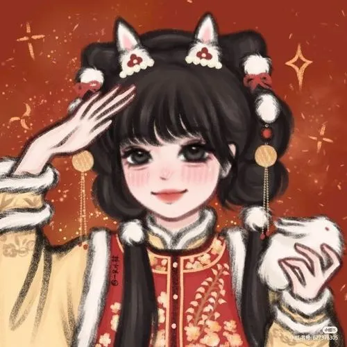 Cặp nhân vật chibi đứng hai bên câu đối, một bé cầm bánh chưng, một bé ôm cành mai với dáng nghiêng rất duyên