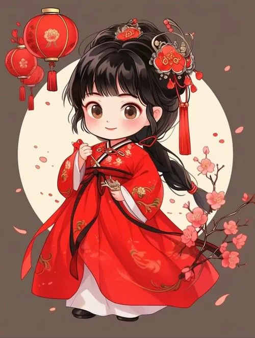 Hình nền điện thoại cô bé áo đỏ cầm đèn lồng dưới nhành đào, mái tóc đen búi cao và khuôn mặt tròn tạo cảm giác tết Việt