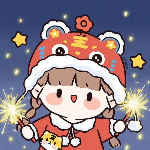Nhân vật mèo chibi đội mũ lân cầm pháo sáng, nền xanh đêm điểm hoa và sao tạo một góc xuân vui nhộn khác lạ