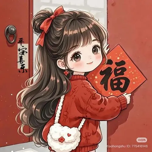Cô bé tóc dài cầm câu đối chữ phúc, áo đỏ nổi trên nền nâu trầm và chiếc nơ lớn làm ánh nhìn thêm trong trẻo