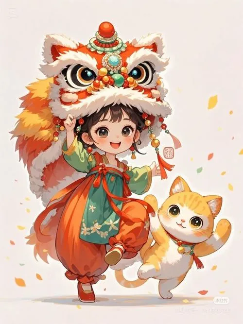 Hình đại diện em nhỏ mặc đồ múa lân cầm trống, đi cùng chú chó vàng giữa nền trắng, dáng nhảy tạo cảm giác may mắn đầu xuân