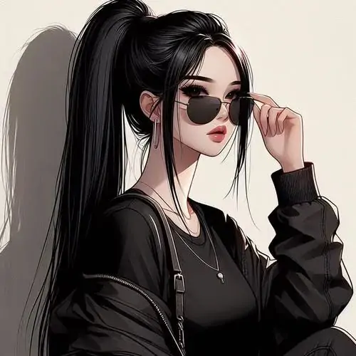 Thiếu nữ tóc đen búi cao, đeo kính râm và áo đen, tay chỉnh kính trong khung nền sáng kiểu ảnh đại diện phái đẹp cute