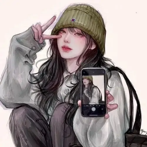 Cô gái đội mũ len xanh rêu, tay cầm điện thoại chụp gương, môi đỏ và áo khoác rộng tạo vẻ lạnh nhẹ