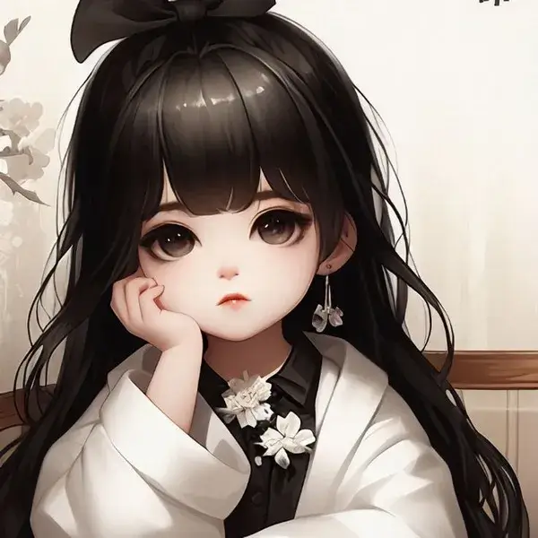 Bé gái hoạt hình có mái tóc dài đen mượt đang chống cằm suy tư với đôi mắt to tròn nhìn thẳng mang sắc thái trầm tư đáng yêu.