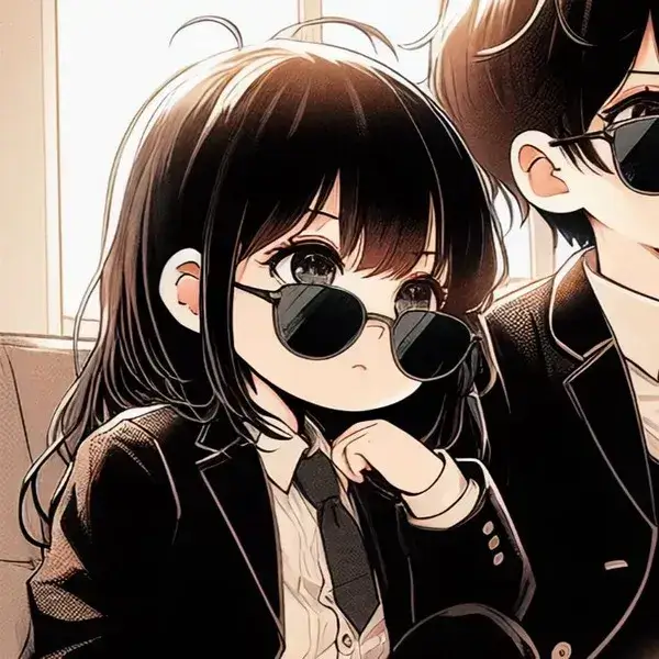 Mẫu ảnh profile chắt lọc từ từ khóa ảnh avatar đôi anime đen trắng tạo hình cô gái chibi đeo kính mát mặc áo vest đen trông rất sang chảnh thời thượng.