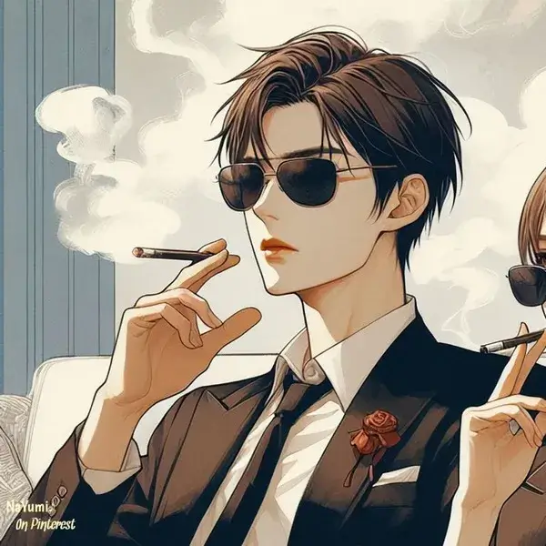 Quý ông phong cách hoạt họa trưởng thành đang ngậm điếu thuốc lá trên môi khoác bộ âu phục lịch lãm toát lên thần thái lãnh đạm xa cách.