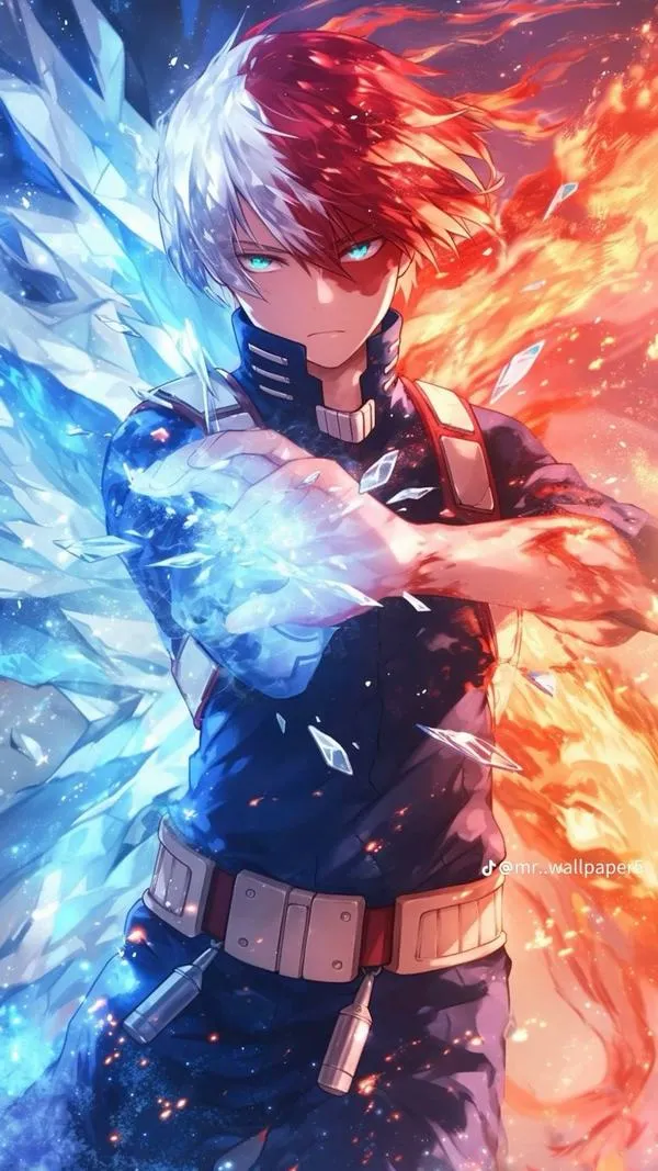 Todoroki Shouto đứng giữa luồng băng xanh và lửa đỏ, mắt nhìn nghiêng lạnh lùng, đồng phục tối ôm sát làm dáng chiến đấu nổi bật
