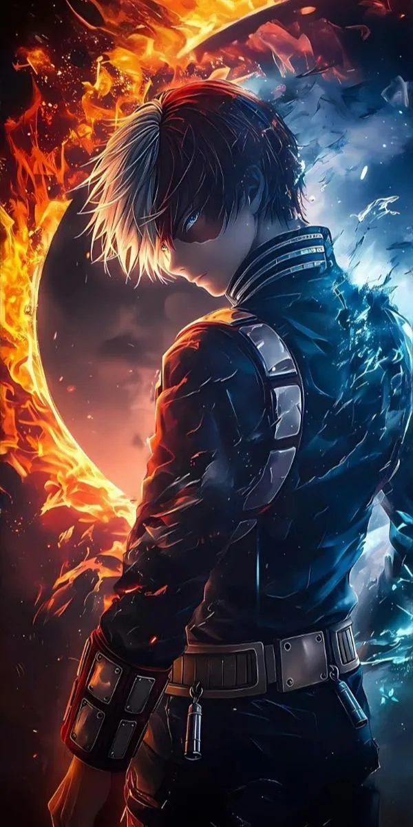 Ảnh Shouto Todoroki nhìn từ phía sau trong áo tối, lửa cam cháy rực bên phải, bối cảnh đêm xanh làm dáng đứng thêm cô độc