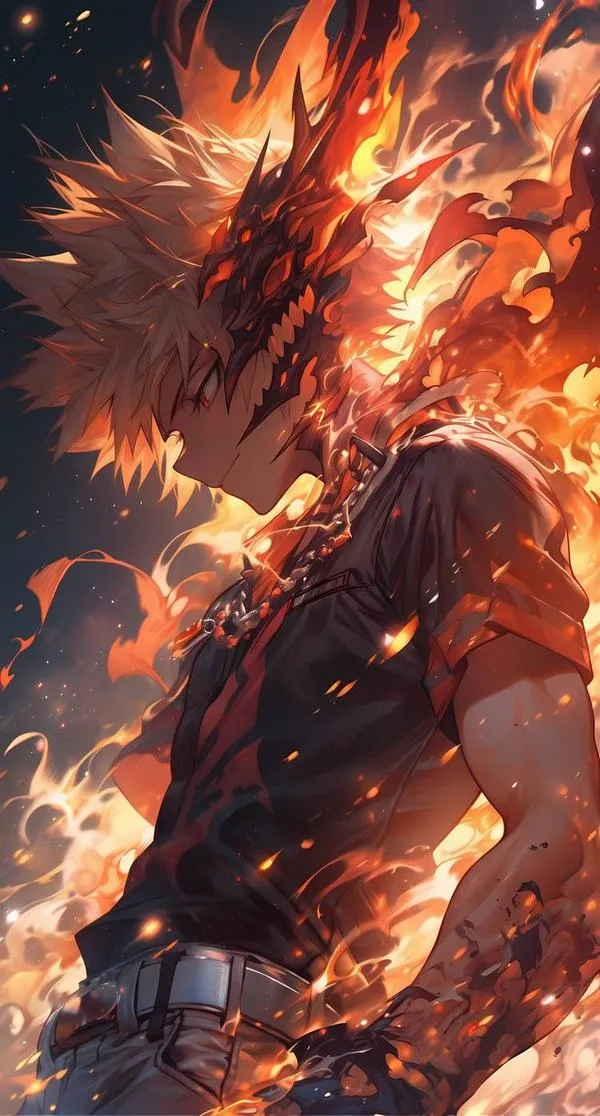 Todoroki đứng giữa biển lửa cam, áo đen và thắt lưng chiến đấu nổi bật, ánh sáng nóng phủ lên tóc trắng đỏ rất mạnh