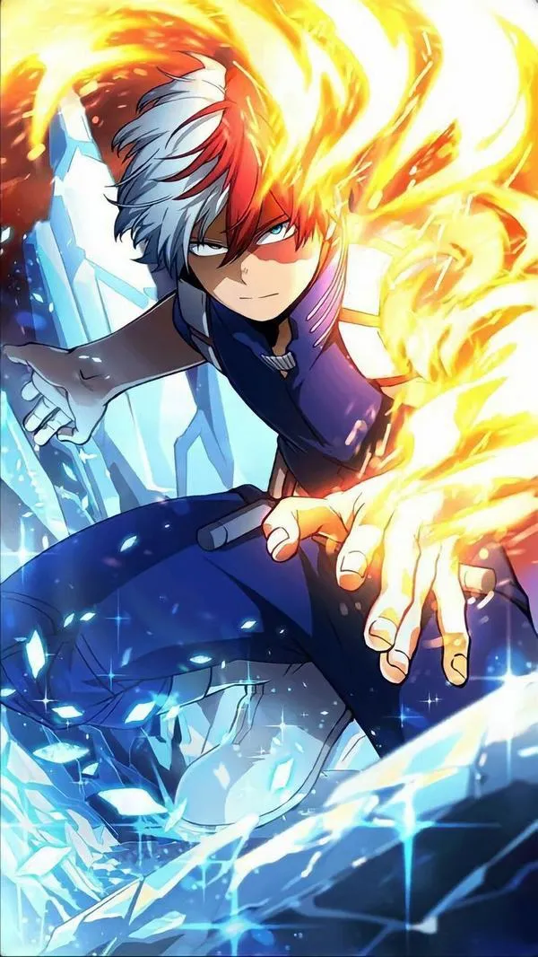 Hình ảnh Todoroki Shouto trong tư thế quỳ thấp, tay chạm xuống nền băng, mái tóc hai màu và lửa sau lưng tạo đối trọng đẹp