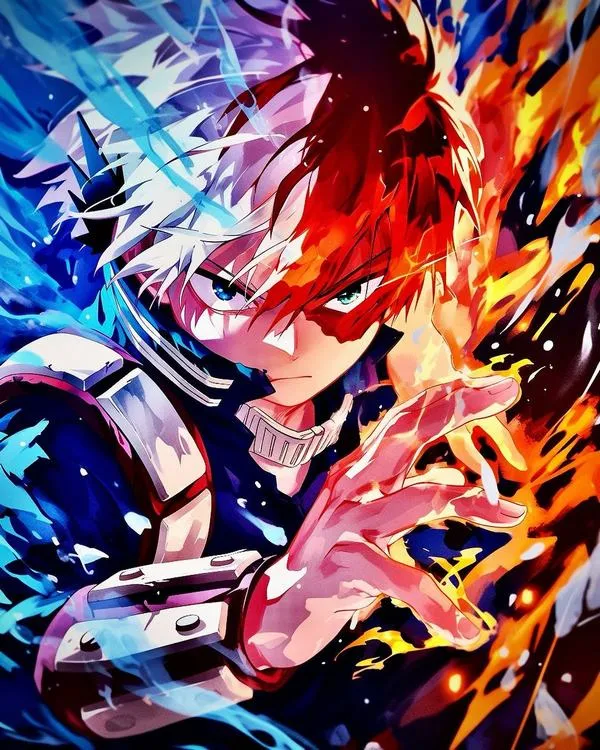 Ảnh avatar Shouto lao về phía trước với bàn tay giơ cao, hiệu ứng băng lửa cuộn quanh mặt, tóc hai màu và biểu cảm quyết liệt