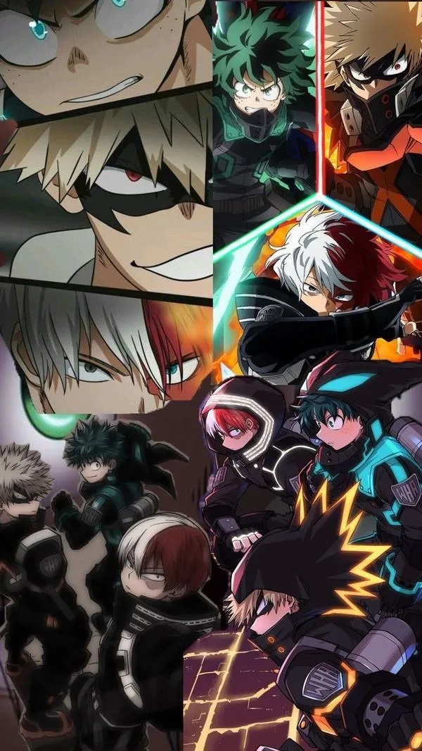 Cụm khung dọc ghép nhiều cảnh chiến đấu, Todoroki xuất hiện giữa Midoriya Izuku và Bakugou Katsuki trong tông đen đỏ căng thẳng