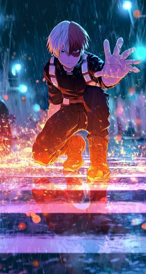 Todoroki đứng trên mặt nước phản chiếu ánh tím xanh, một tay đưa ra phía trước, dáng người nhỏ nhưng luồng sức mạnh phủ kín nền