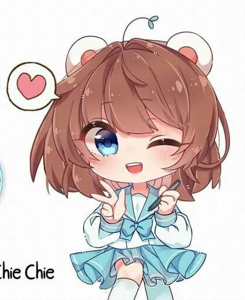Mèo Simmy anime chibi cute cầm micro nhỏ, đôi mắt sáng và váy xanh trắng tạo dáng như đang giao lưu cùng người xem